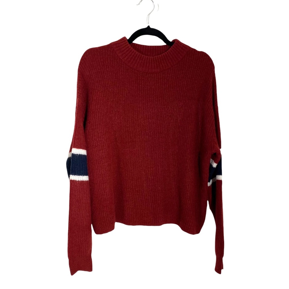 John + Jenn Red Crewneck Sweater with Navy & White Elbow Stripes